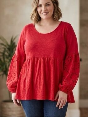 Torrid Red Eyelet Embroidery Sleeve Babydoll Peplum Top Size 3 3X Plus Boho Chic